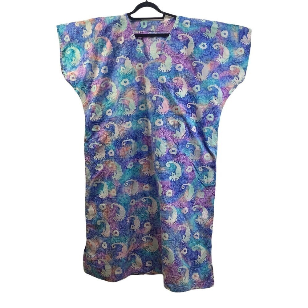 Vintage Caftan Mumu Muumuu Handmade Hippie Blue Seahorse 2XL ‎ 3 XL Cotton